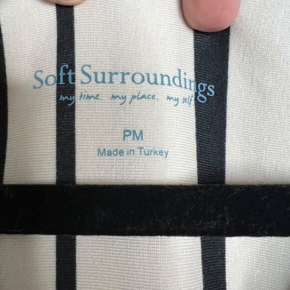 NWOT Soft Surroundings V-Neck Stripe Midi Dress Asymmetrical Hem Puff Sleeve PM - Picture 2 of 10